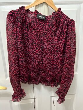 The Kooples Black and Pink Floral Ruffle Blouse